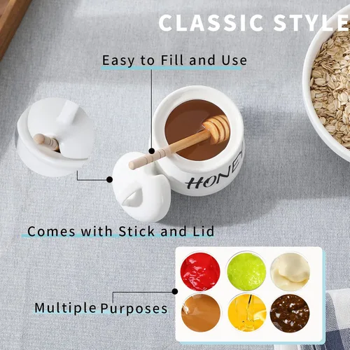 Vista 8 de Tarro de miel pequeño de porcelana con tapa y cuchara de miel 12oz (blanco)