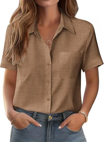 Vista 19 de Zeagoo Blusa de manga corta con botones para mujer, con bolsillo en el busto, para negocios, casual, para el trabajo, trajes de verano