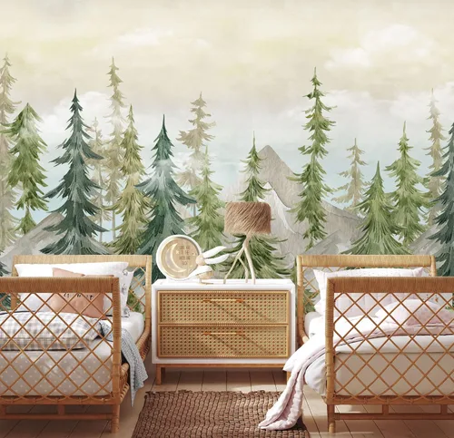 Vista 3 de Murwall Papel pintado de acuarela para niños, bosque y vivero, pino