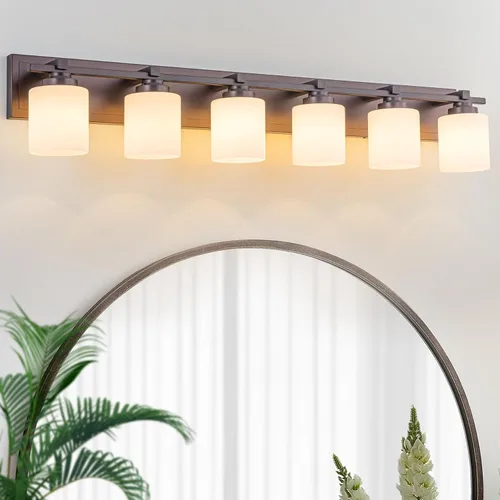 Vista 35 de 1 Luminaria Moderna de Baño sobre Espejo, Luces de Tocador Negro Dorado para Apliques de Pared de Baño con Pantallas de Vidrio Blanco Lechoso