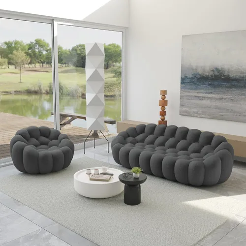 Vista 30 de JACH Juego de sofá curvado de burbujas, cómodo sofá tapizado, tela de malla 3D en forma de panal moderno para sala de estar, apartamento