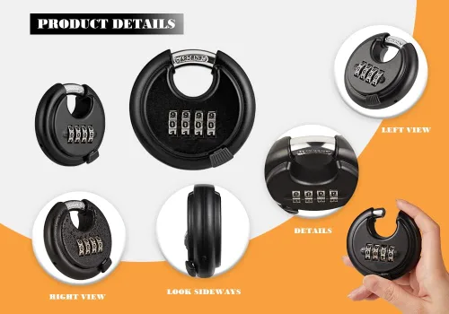 Vista 3 de WULALACK Cerradura de combinación resistente a la intemperie de 2.756 in, combinación de candado de disco con 4 dígitos, candado de almohadilla
