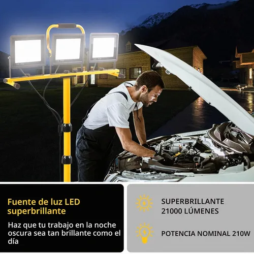 Vista 2 de Luces de trabajo de 22000 lúmenes con soporte, luz de trabajo LED de 2 cabezales ajustables, con soporte de trípode ajustable y plegable, lámpara
