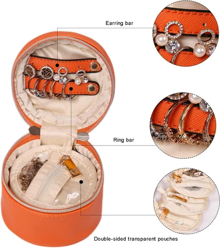 Vista 4 de Angelina's Palace Estuche organizador de joyas redondo, bolsa de viaje, regalos de dama de honor, caja de cuero vegano para collar, aretes, pulsera