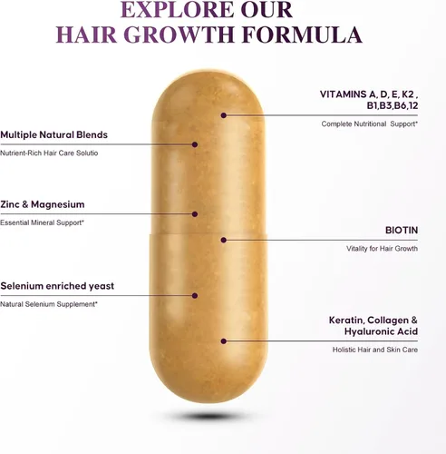 Vista 3 de Biotin 10,000MCG - Apoyo para el crecimiento del cabello para mujeres y hombres con colágeno y queratina, vitaminas para el cabello, la piel