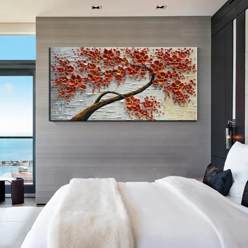 Vista 7 de YaSheng Art - Pintura al óleo pintada a mano sobre lienzo Textura Paleta Cuchillo Pinturas Flores Rojas Pinturas Modernas Decoración del Hogar