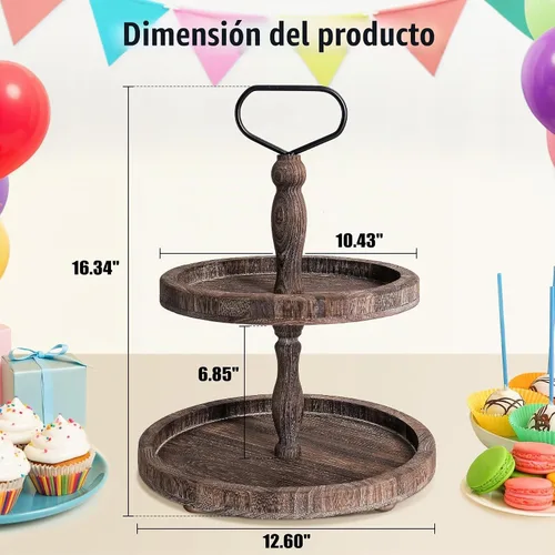 Vista 5 de Mustry Bandeja de madera rústica de 2 niveles, bandeja de servir redonda de granja para decoración de mesa de cocina, exhibición de comida, frutas