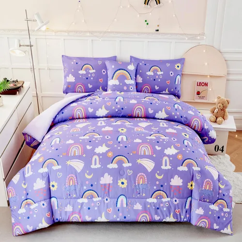 Vista 14 de ANGIYUIN - Juego de edredón infantil de gradiente arcoíris púrpura profundo, 6 piezas, ropa de cama con purpurina brillante para niñas, juego