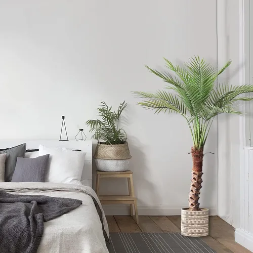 Vista 4 de Palmera artificial de 4.3 pies, planta de palma de sagú falsa grande con 18 hojas de tronco, árbol sintético alto perfecto en maceta para interiores