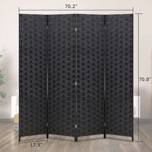 Vista 7 de Divisor de ambientes de 6 pies, pantalla plegable de 4 paneles, separadores de pared plegables portátiles, artesanías de madera de ratán de madera