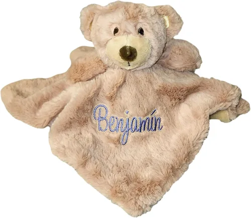 Vista 2 de SONA G DESIGNS Lovie - Manta de seguridad personalizada con sonajero (oso marrón con nombre bordado)