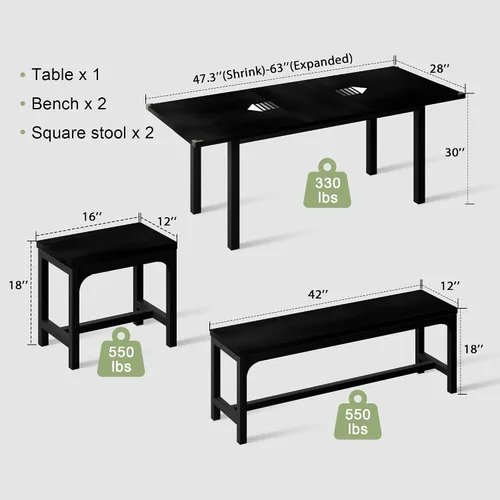 Vista 3 de Feonase Juego de mesa de comedor de 5 piezas para 4-8 personas, juego de mesa de cocina grande extensible de 63 pulgadas con 2 bancos y 2 taburetes