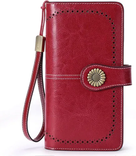 Vista 7 de SENDEFN - Billeteras de cuero genuino para mujer con tarjetero y bloqueo RFID, de gran capacidad y con correa para la muñeca