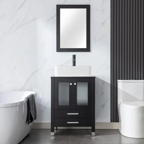 Vista 29 de LUCKWIND Combinación de tocador de baño de 24 pulgadas con lavabo, serie elegante con marco pintado, armario de almacenamiento de baño de dos