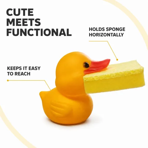 Vista 4 de Soporte con forma de animal para esponja de cocina, rana o pato a elección, con esponja, pato amarillo