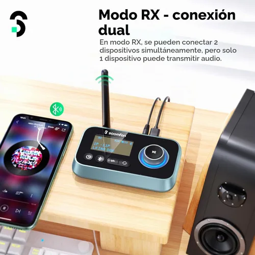 Vista 2 de SOOMFON Transmisor Bluetooth para TV 3 en 1, receptor transmisor Bluetooth 5.0 para TV a 2 auriculares con pantalla LCD volumen ajustable