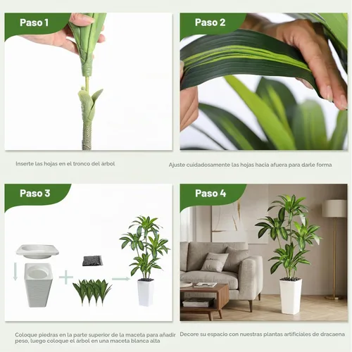 Vista 3 de Árbol de Dracaena artificial de 5 pies, plantas falsas altas para Maceta alta blanca