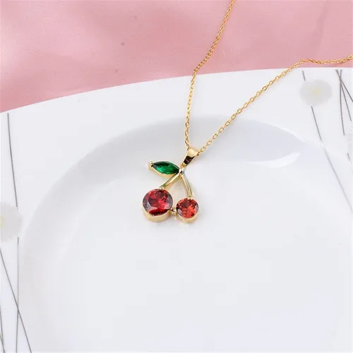 Vista 6 de ONLYJUMP Collar personalizado con colgante de fruta de cerezo de cristal rojo para mujeres y niñas creativo lindo verano tropical fruta cereza cesta