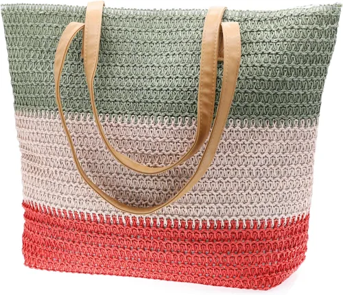 Vista 22 de Bolso grande de paja para mujer, tejido de ratán, bolso de playa de verano, a rayas
