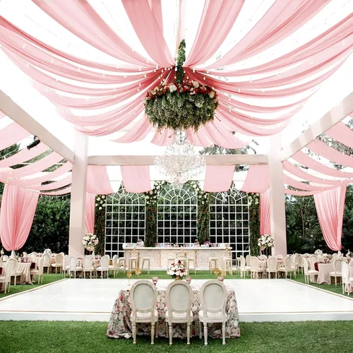Vista 34 de 6 paneles de cortinas de techo azul bebé para boda, cortinas de techo de 5 pies x 10 pies, tela de drapeado para arco de boda, cortinas