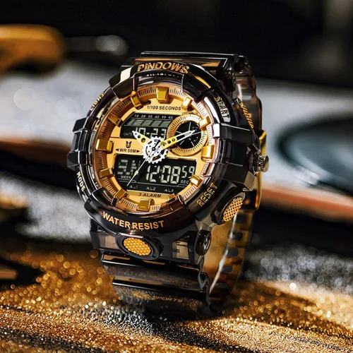 Vista 3 de PINDOWS Reloj para Hombre, Reloj Analógico Digital Resistente al Agua 50M, Reloj Electrónico para Deportes al Aire Libre, Fecha, Multifunción, LED