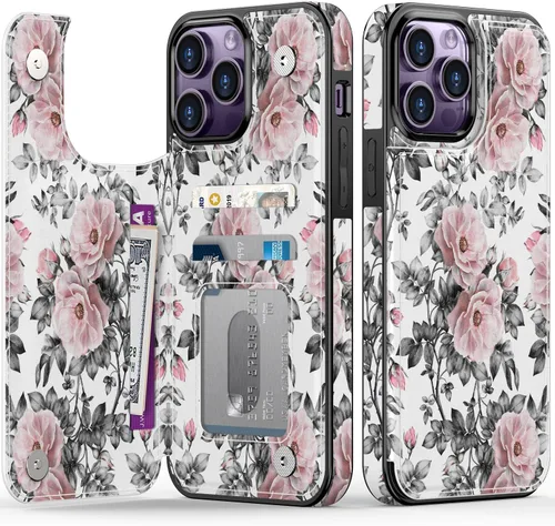 Vista 190 de LETO para iPhone 15 Pro Funda tipo cartera - Tapa tipo folio con patada - Diseños de moda - Tarjetero - Funda protectora para mujeres y niñas - 6.1