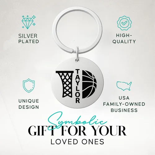 Vista 2 de Llavero de baloncesto personalizado, regalo personalizado de acero inoxidable grabado para jugadores, entrenadores, adolescentes, niños y niñas