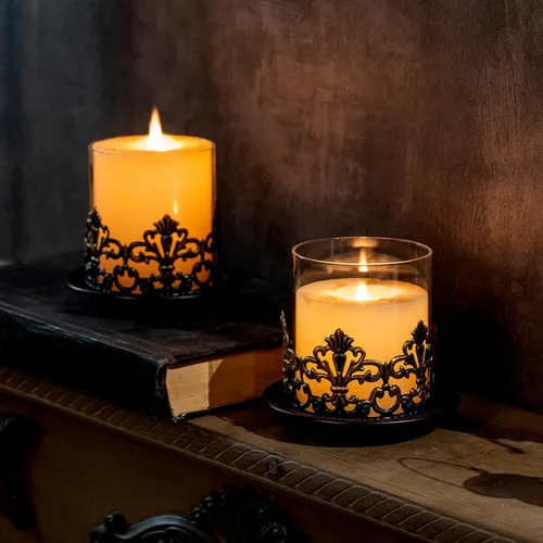 Vista 6 de Portavelas vintage de cristal gótico estilo huracán, base de metal negro con detalles dorados, funda de vidrio transparente, 4.3 x 4 pulgadas, juego