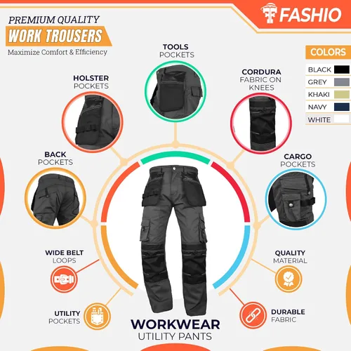 Vista 2 de FASHIO FF Cordura - Pantalones de trabajo tácticos para hombre con bolsillos para herramientas de utilidad, pantalones de seguridad reforzados