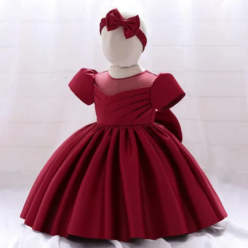 Vista 2 de IDOPIP Flower Girl Bowknot Tutu Dress for Kids Baby Wedding Communion Birthday Party Pageant Baptism Dresses with Headwear