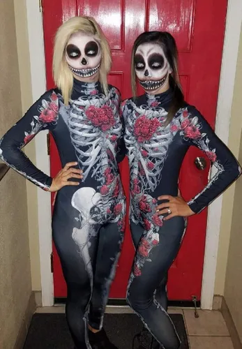 Vista 5 de Fixmatti Disfraz de fiesta de Halloween para mujer, traje de manga larga con estampado de calavera