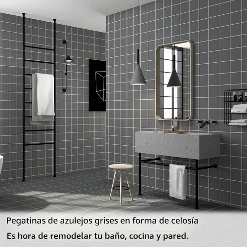 Vista 6 de Calcomanías de azulejos, 50 piezas adhesivas tipo pelar y pegar de 6'' x 6'' autoadhesivas, adhesivo para pared impermeable y a prueba de aceite Gris
