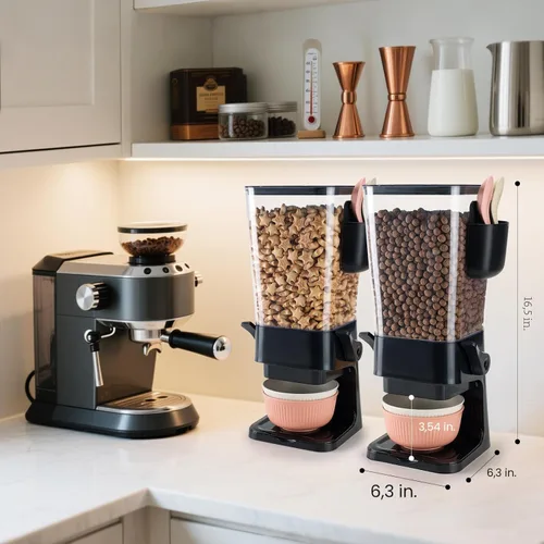 Vista 3 de Osacoe Dispensador de cereales para encimera, color negro, paquete de 2 con cuencos, cucharas, caja de cubiertos, dispensador de alimentos secos