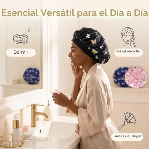 Vista 7 de 3 piezas de gorro de seda satinada con banda elástica ancha para dormir
