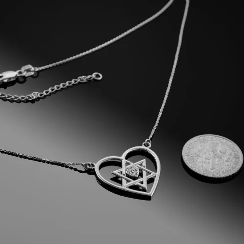 Vista 2 de 925 Sterling Silver CZ Heart Charm Jewish Star of David Pendant Necklace