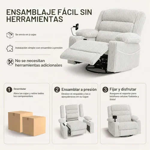 Vista 9 de Sillón reclinable giratorio eléctrico con masaje y calor, USB A y C Gris pálido