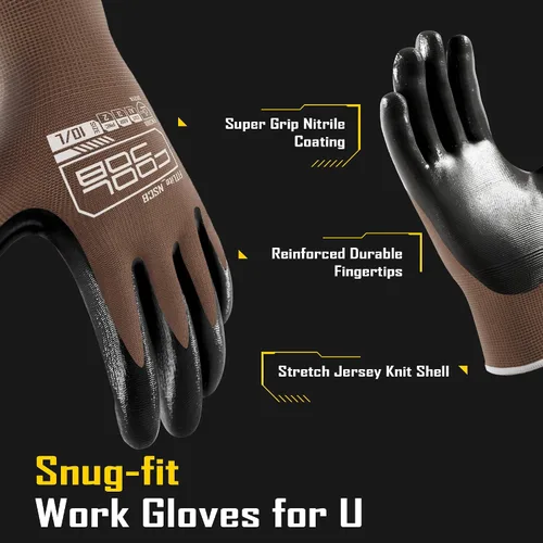 Vista 2 de COOLJOB 10/20 Pairs Nitrile Dipped Safety Work Gloves with Grip, Non-slip Black Camel