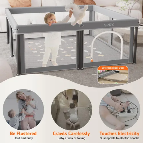 Vista 2 de Corralito plegable para bebés con alfombra, 50"×50" corralito plegable para bebés y niños pequeños, corral de juegos de seguridad para niños