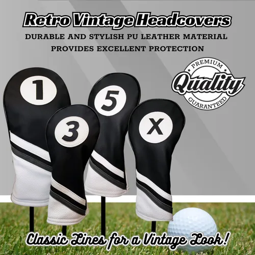 Vista 2 de Fundas de golf vintage de piel sintética en blanco y negro para conductores de 460 cc, Fairway e híbridos por Majek
