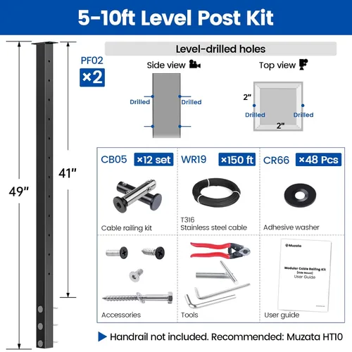 Vista 2 de Muzata RW23 - Kit de barandilla modular de montaje lateral para cubiertas de 42 pulgadas 2 Level Post Kit with Wire Rope & Cable Railing Hardware