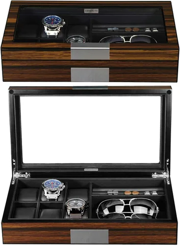 Vista 4 de Lifomenz Co Caja de joyería de reloj para hombre con 6 ranuras, 6 fundas de reloj, 8 pares de gemelos y lentes de sol, organizador grande de madera