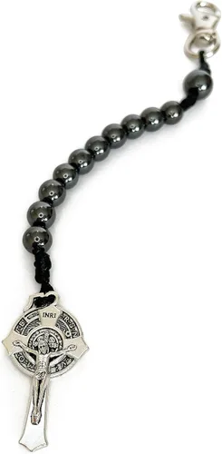 Vista 3 de Rosario de bolsillo de oración católica Medalla de San Benito con cuentas de hematita negra con cordón llavero de rosario Tenner estilo abierto
