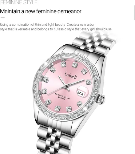 Vista 7 de Pulsera de metal con correa impermeable para mujer, cuarzo, calendario, cronógrafo, relojes de pulsera para mujer (plata + rosa), PlataRosa, Reloj