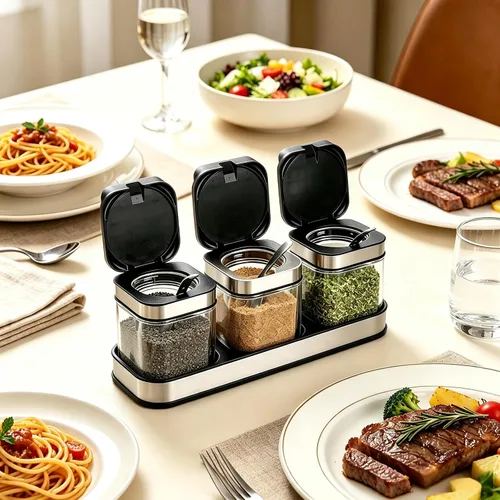 Vista 6 de DEAYOU Paquete de 3 cajas de condimentos de vidrio con bandeja, recipiente transparente para condimentos con tapa de acero inoxidable 18/10