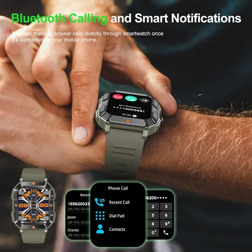 Vista 3 de Reloj inteligente militar para hombre (respuesta/hacer llamada) con linterna para Android y iPhone, rastreador de actividad física impermeable