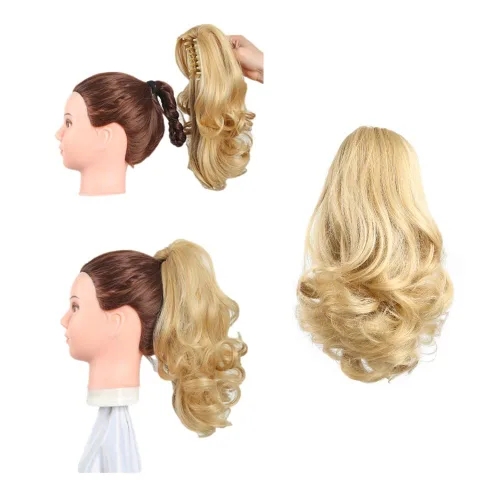 Vista 8 de Extensiones de cabello rubio, extensiones de cola de caballo para mujer, extensiones de cabello rizado de 12 pulgadas, extensiones de cabello