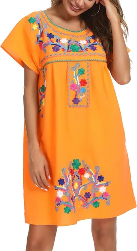 Vista 7 de YZXDORWJ - Vestido mexicano bordado de manga corta para mujer