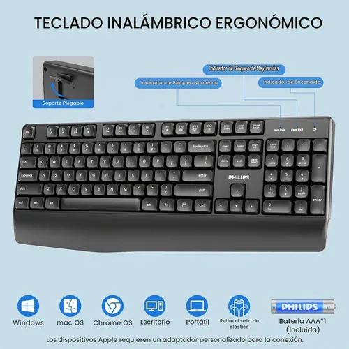 Vista 5 de PHILIPS SPT6348 Combo de teclado y mouse inalámbricos, ergonómico de 2.4 GHz 2.4GHz plug-and-play ergonomic keyboard and mouse with sleep mode for