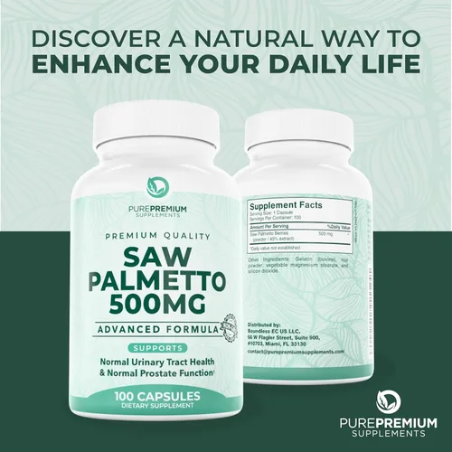 Vista 8 de Saw Palmetto Premium 500 mg para hombres y mujeres – Extracto de palma enana americana de máxima fuerza y suplemento en cápsulas en polvo – Apoya
