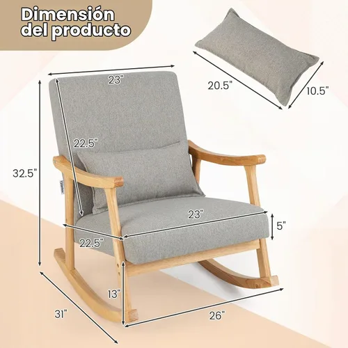 Vista 3 de GIANTEX Mecedora tapizada – Moderna mecedora con marco de madera de goma, cómodo respaldo y asiento, almohada acolchada de polipropileno, mecedora